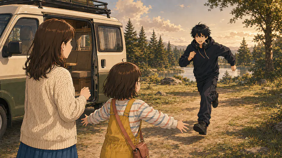 Illustration of the scene described by Ren comes running toward us.