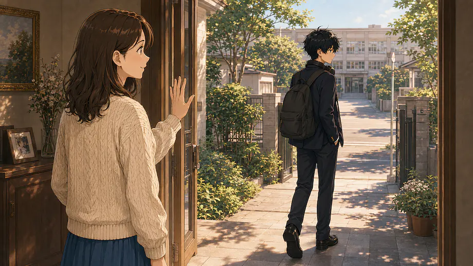 Illustration of the scene described by Ren walks away toward school.