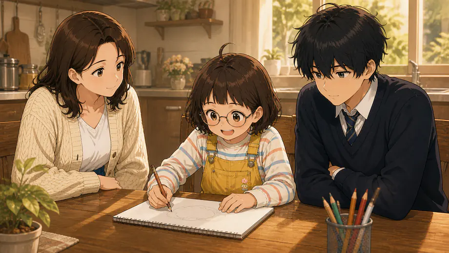 Illustration of the scene described by Mei started drawing a picture.