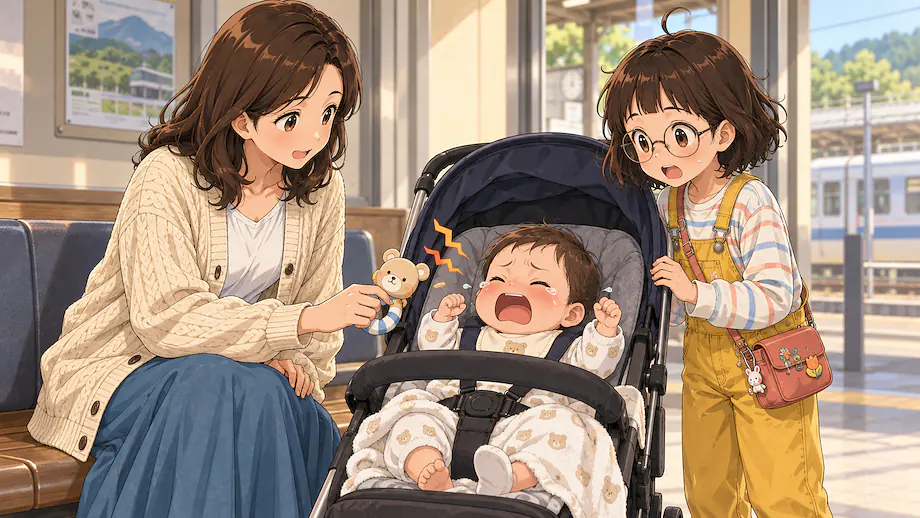 Illustration of the scene described by The baby suddenly started crying.