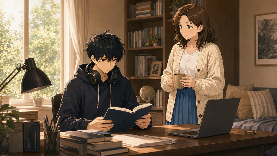 Illustration of the scene described by Ren keeps reading his book.