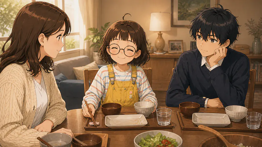 Illustration of the scene described by Mei finished eating her meal.