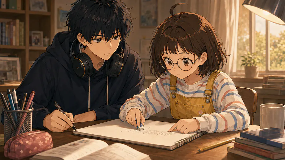 Illustration of the scene described by Mei rewrites her name.