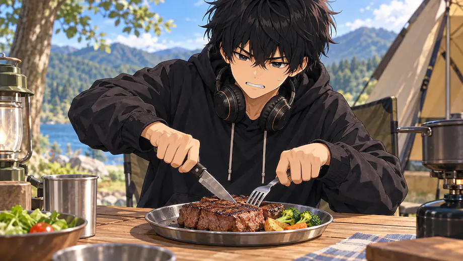 Illustration of the scene described by This meat is tough and hard to cut.