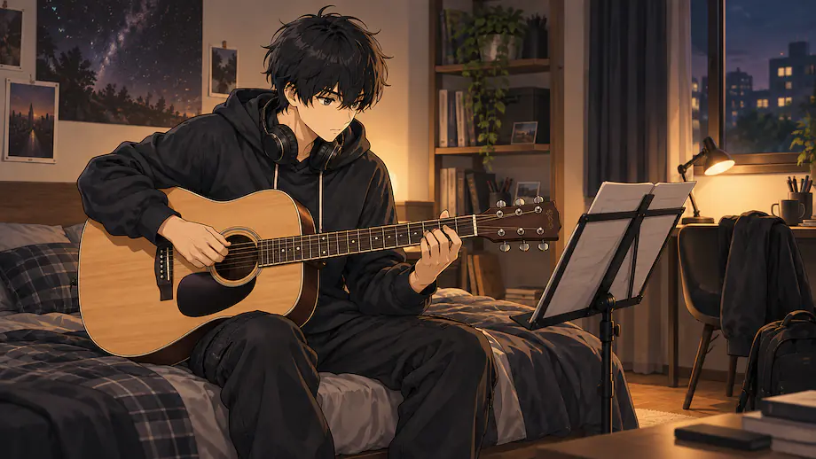 Illustration of the scene described by Ren was practicing guitar in his room.