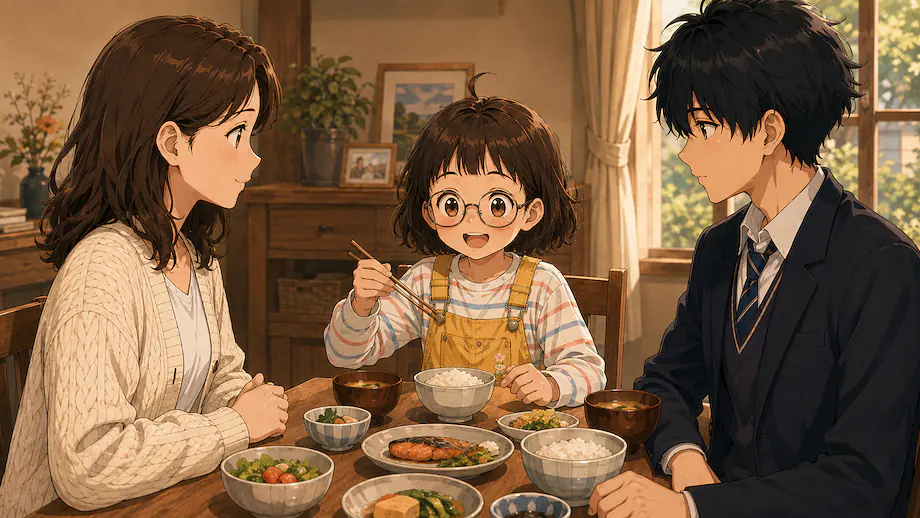 Illustration of the scene described by Mei is about to eat her meal.