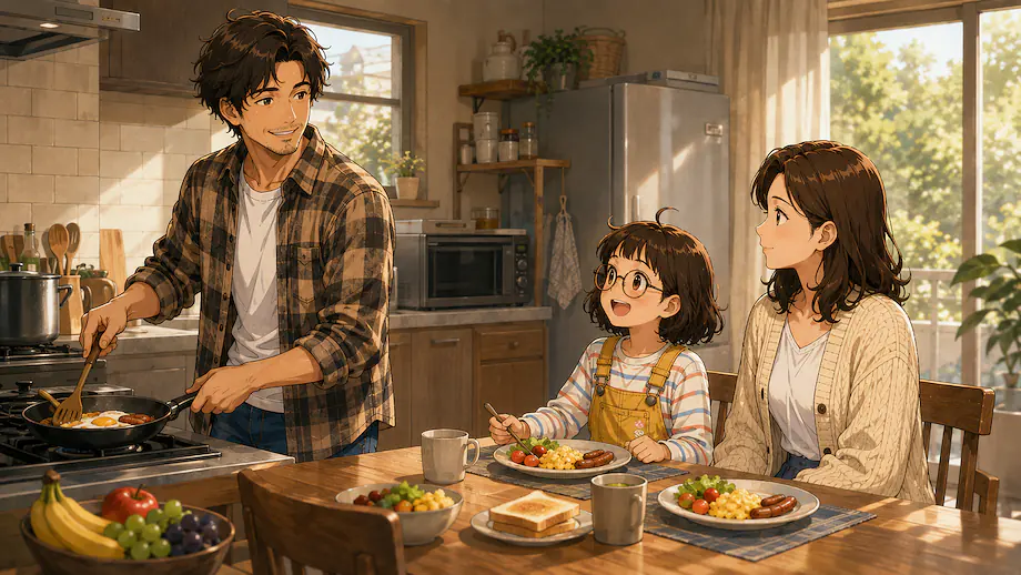 Illustration of the scene described by My father sometimes cooks on Sundays.