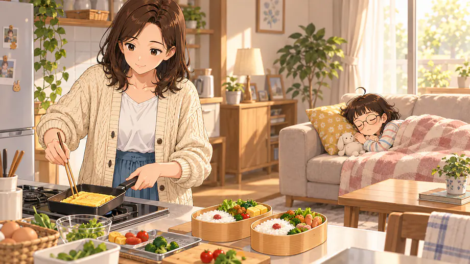 Illustration of the scene described by While Mei was sleeping, mother was making bento lunches.