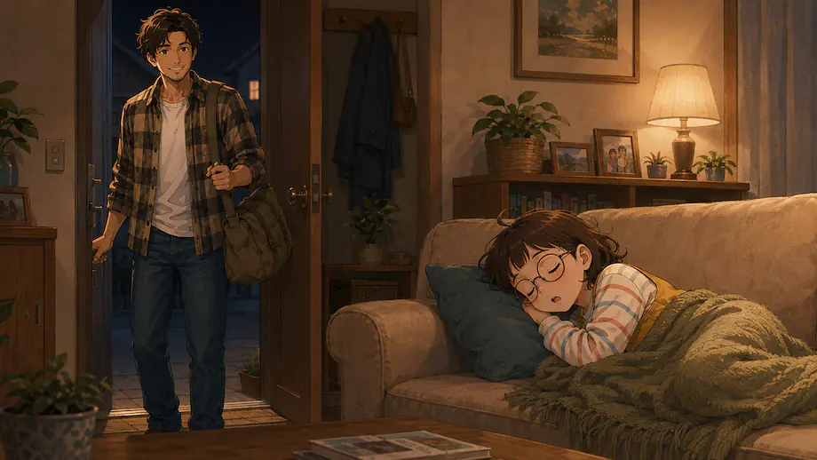 Illustration of the scene described by My father came home while Mei was sleeping.