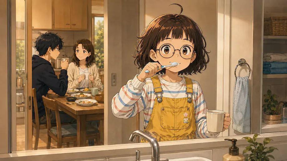Illustration of the scene described by Mei brushes her teeth after eating.