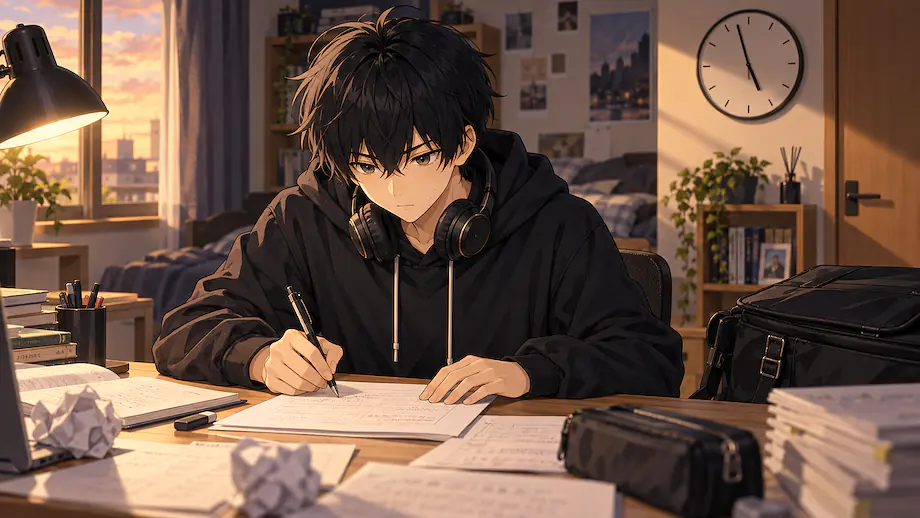 Illustration of the scene described by Ren will finish his homework by five.