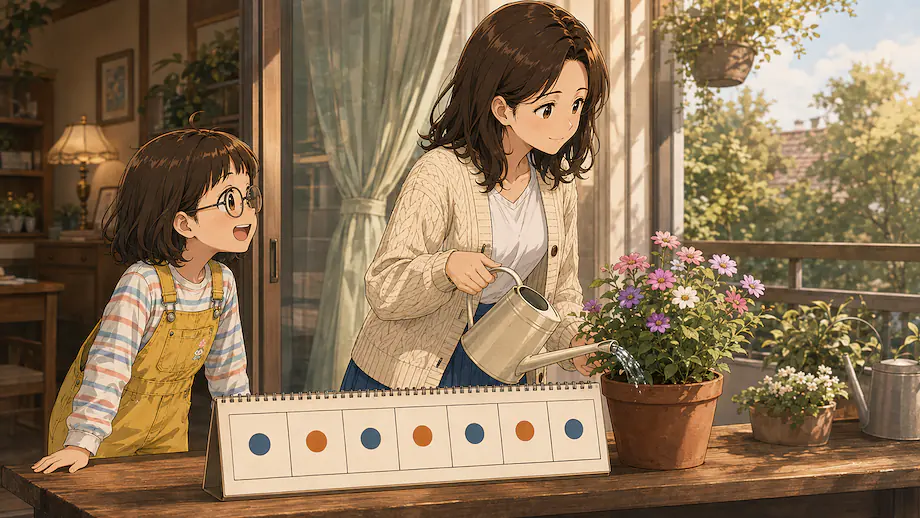 Illustration of the scene described by My mother waters the flowers every other day.