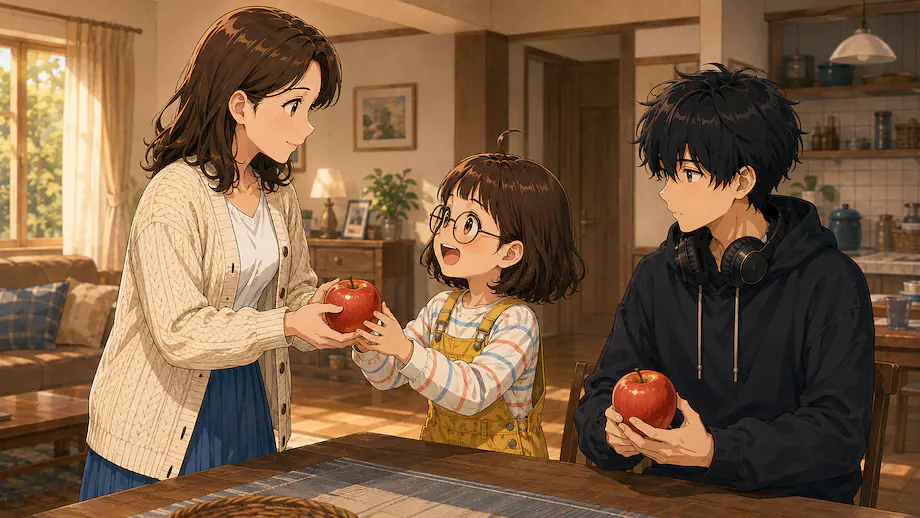 Illustration of the scene described by My mother gives each child one apple.