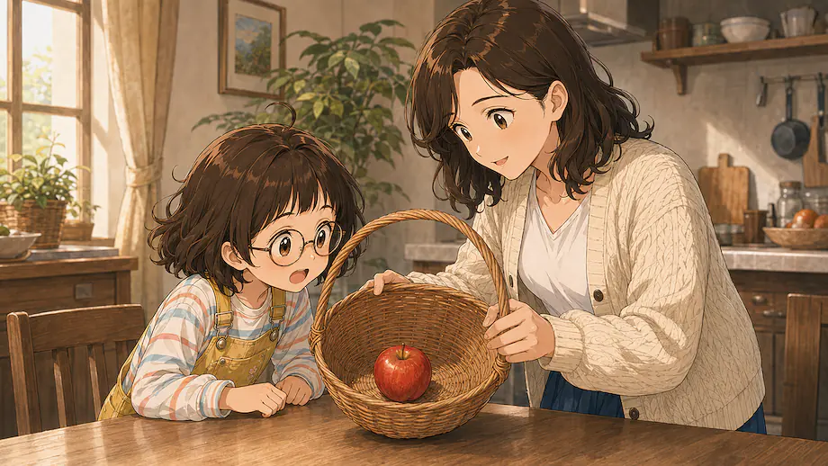 Illustration of the scene described by There is only one apple.