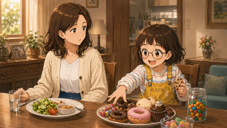Illustration of the scene described by Mei is eating almost nothing but sweets.