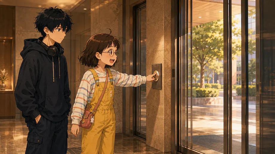 Illustration of the scene described by The door opens just by pressing this button.