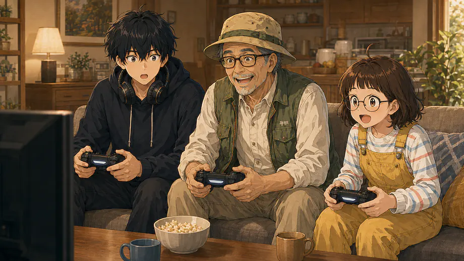 Illustration of the scene described by Even my grandfather joined the game.