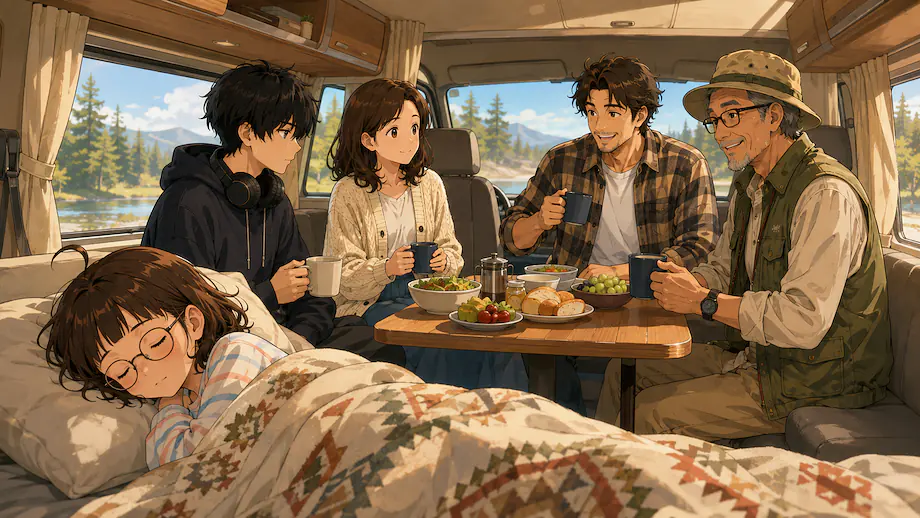 Illustration of the scene described by Everyone except Mei is awake.