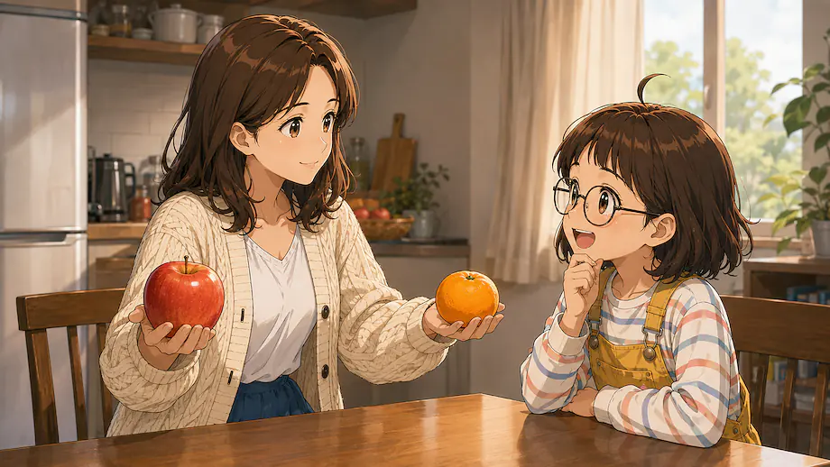 Illustration of the scene described by Which do you prefer, apples or mandarins?