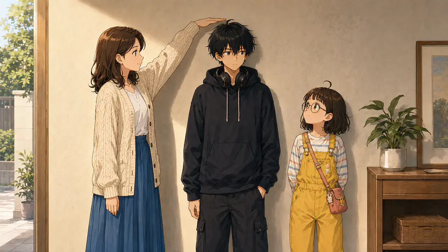 Illustration of the scene described by Mei is not as tall as Ren.