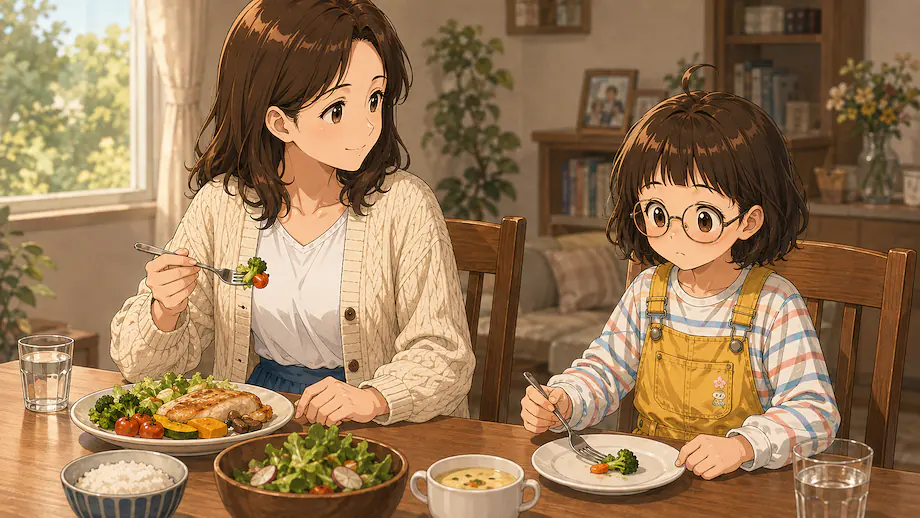 Illustration of the scene described by Mei does not eat many vegetables.