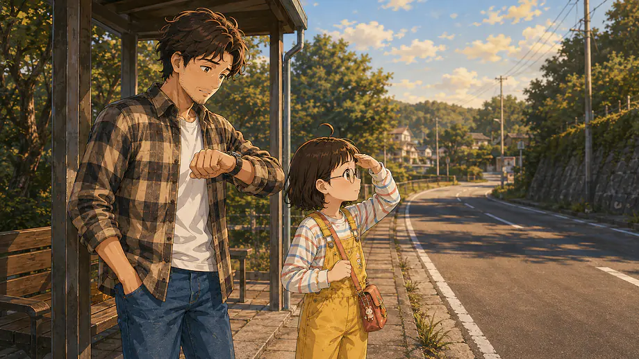Illustration of the scene described by The bus is taking a long time to come.
