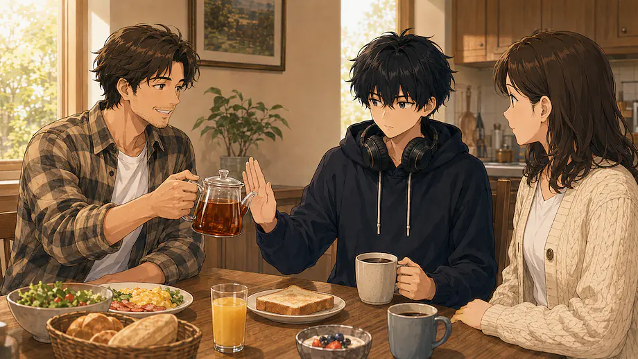 Illustration of the scene described by Ren drinks coffee, but he does not drink black tea.