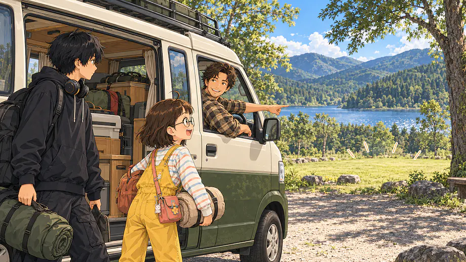 Illustration of the scene described by When we arrive at the campsite, let's pitch the tent.