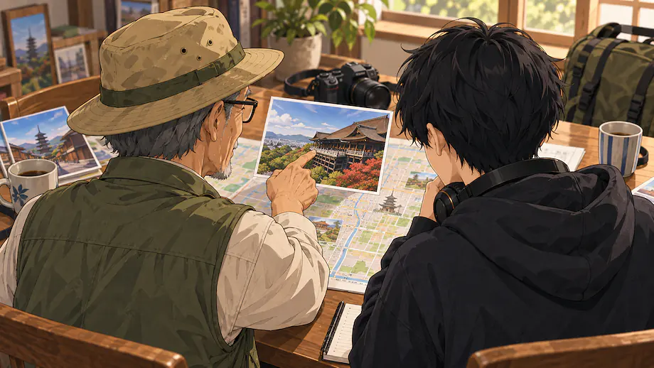 Illustration of the scene described by If you are going to Kyoto, I recommend this temple.