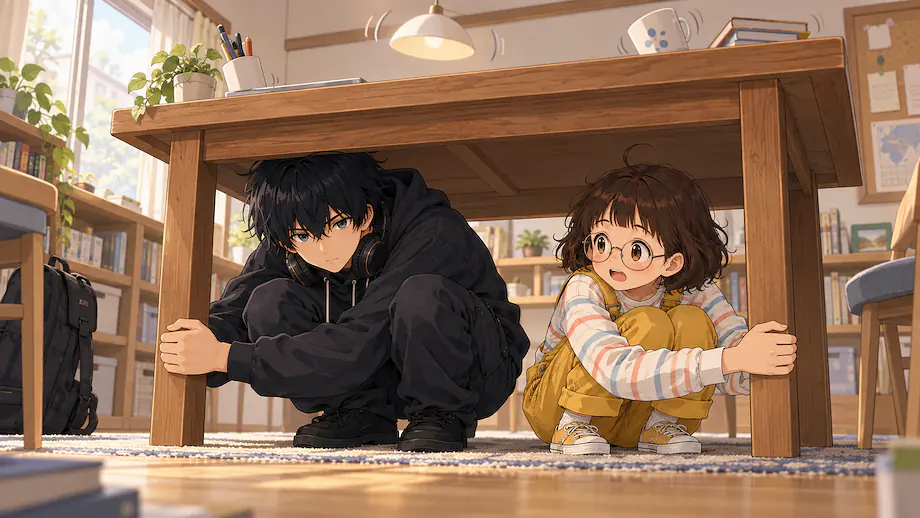 Illustration of the scene described by In case of an earthquake, please get under the desk.