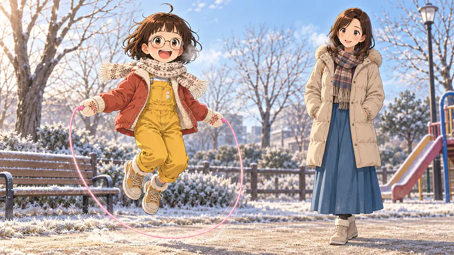 Illustration of the scene described by Even if it is cold, Mei plays energetically outside.