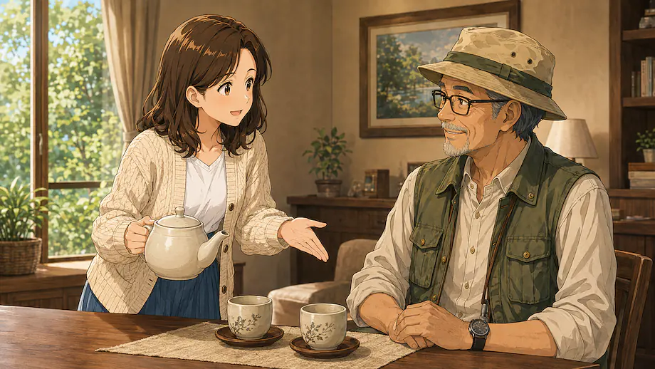 Illustration of the scene described by Would you like some tea or something?