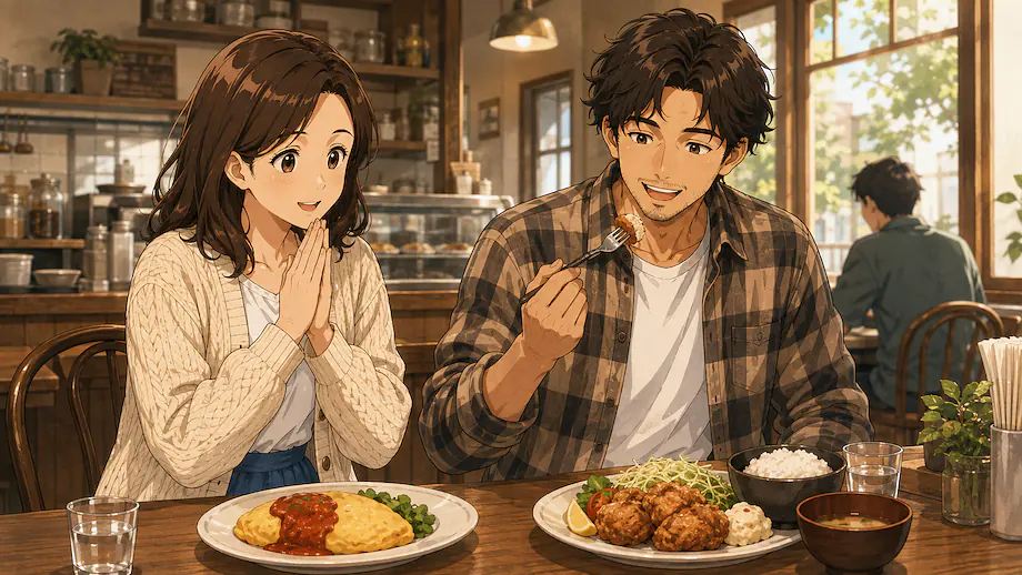 Illustration of the scene described by This shop is inexpensive, and the food is delicious too.