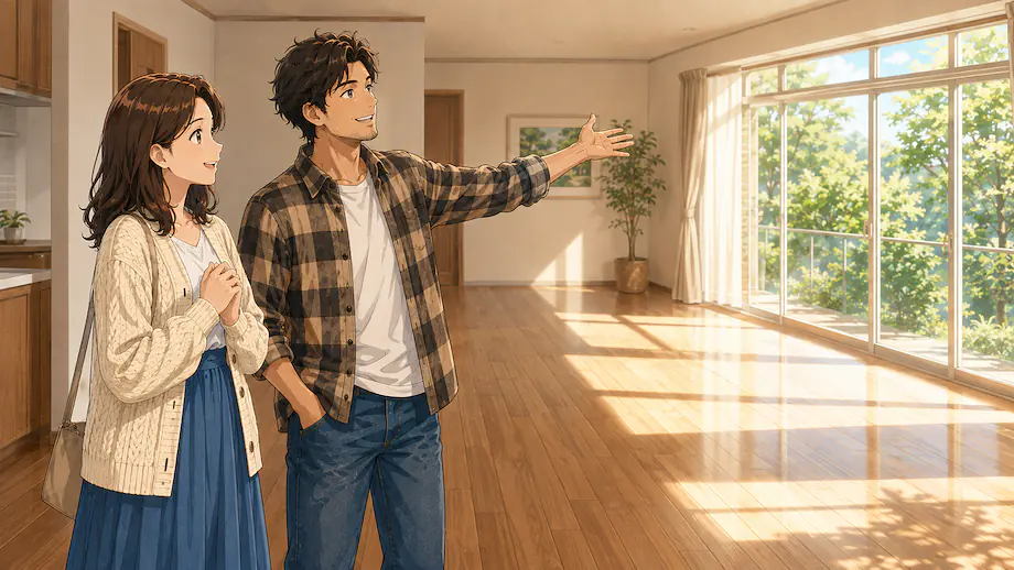 Illustration of the scene described by This room is spacious. Besides, it is bright.