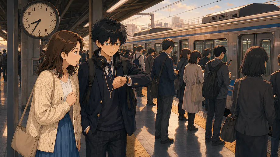 Illustration of the scene described by The train stopped. That is why I was late.