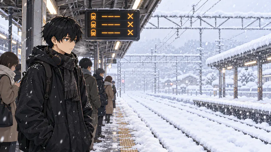 Illustration of the scene described by The train is delayed because of heavy snow.