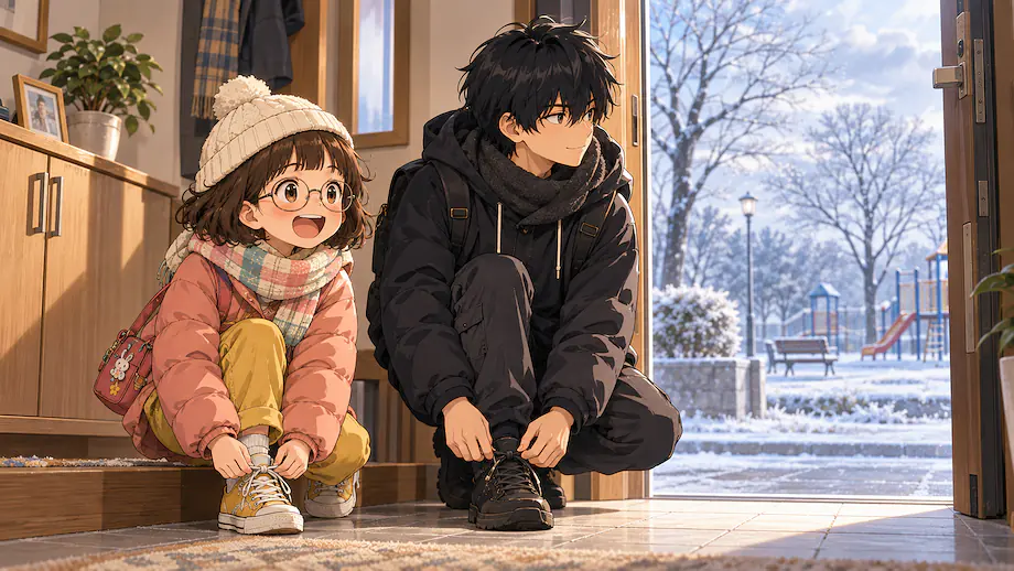 Illustration of the scene described by It is very cold outside. Even so, the children go to the park.