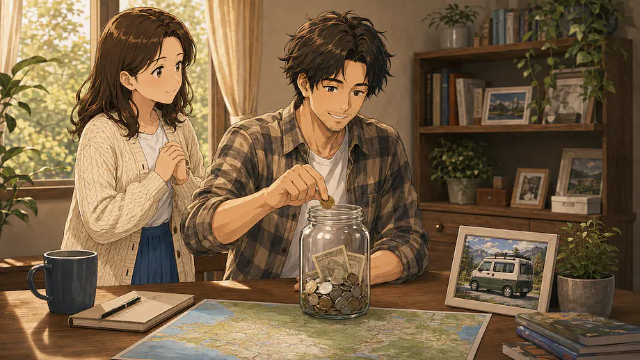Illustration of the scene described by My father is saving money to travel.
