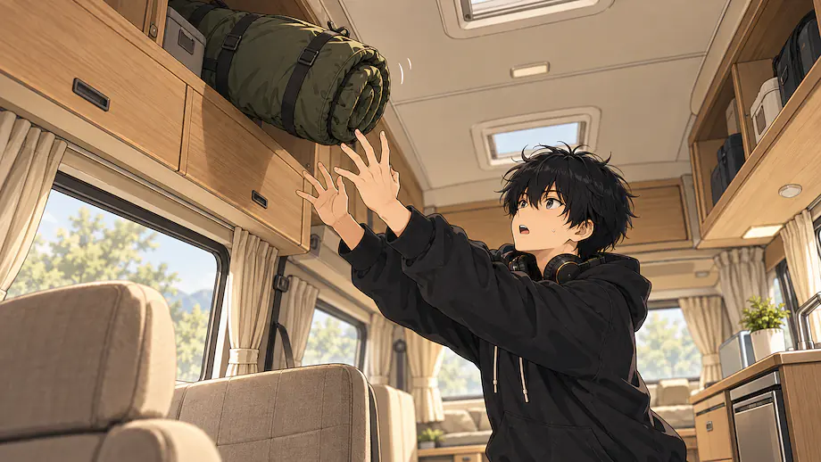 Illustration of the scene described by The luggage looks like it is about to fall from the shelf.