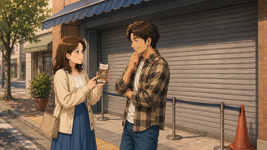 Illustration of the scene described by Apparently, a new shop opens tomorrow.
