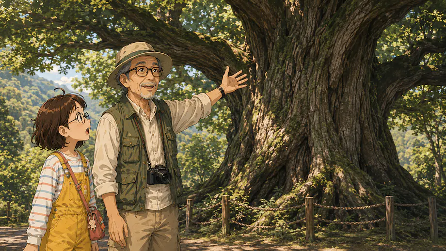 Illustration of the scene described by This tree is said to have been here for a thousand years.