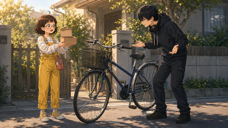 Illustration of the scene described by There is no way a bicycle will fit in this tiny box.