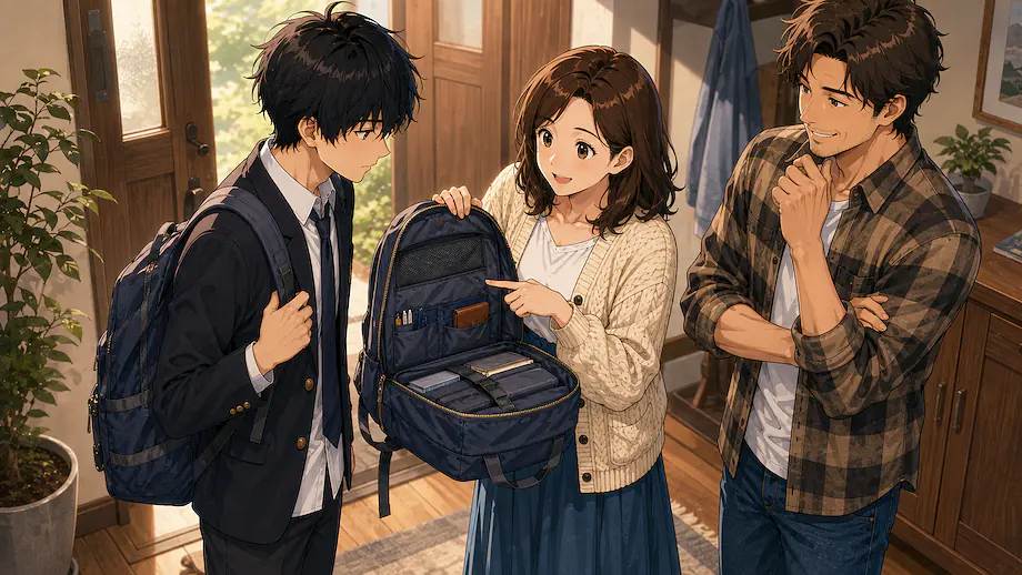 Illustration of the scene described by This bag is handy, isn’t it?