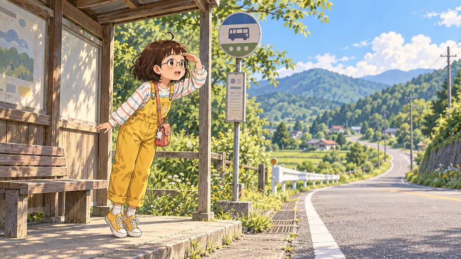 Illustration of the scene described by I wonder if the bus will come soon.