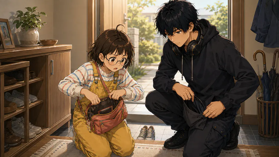 Illustration of the scene described by Mei does not know where the key is.