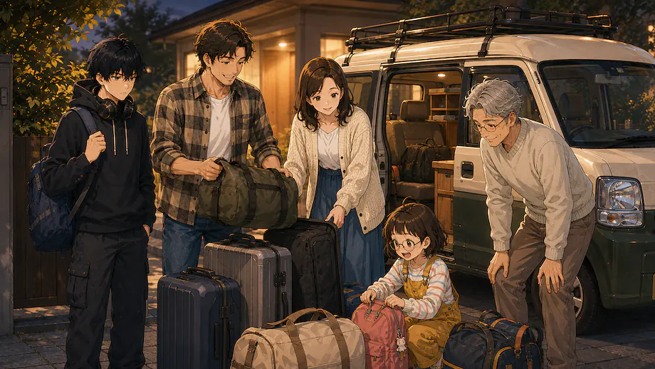 Illustration of the scene described by The family is scheduled to leave tomorrow.