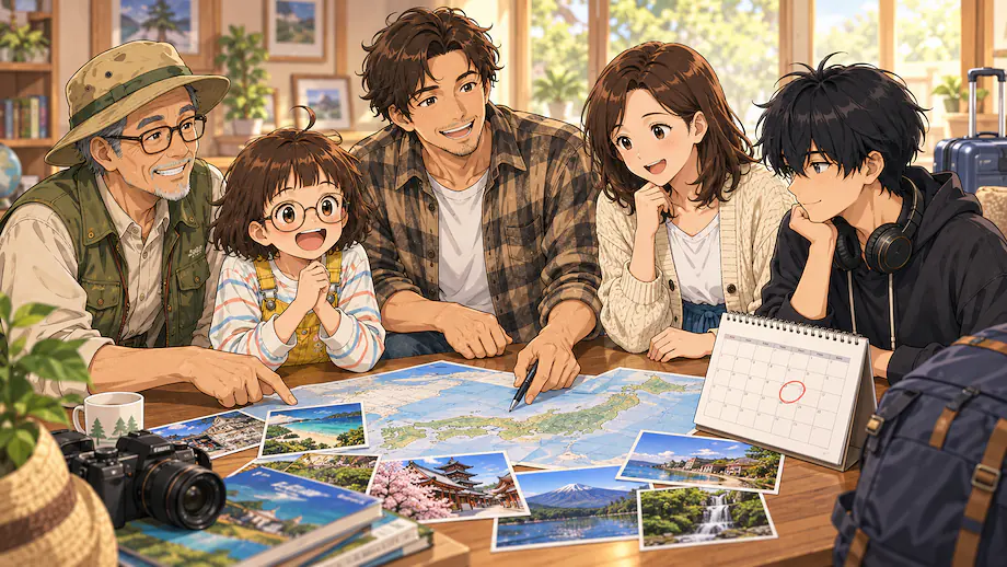 Illustration of the scene described by It has been decided that our family will travel next month.