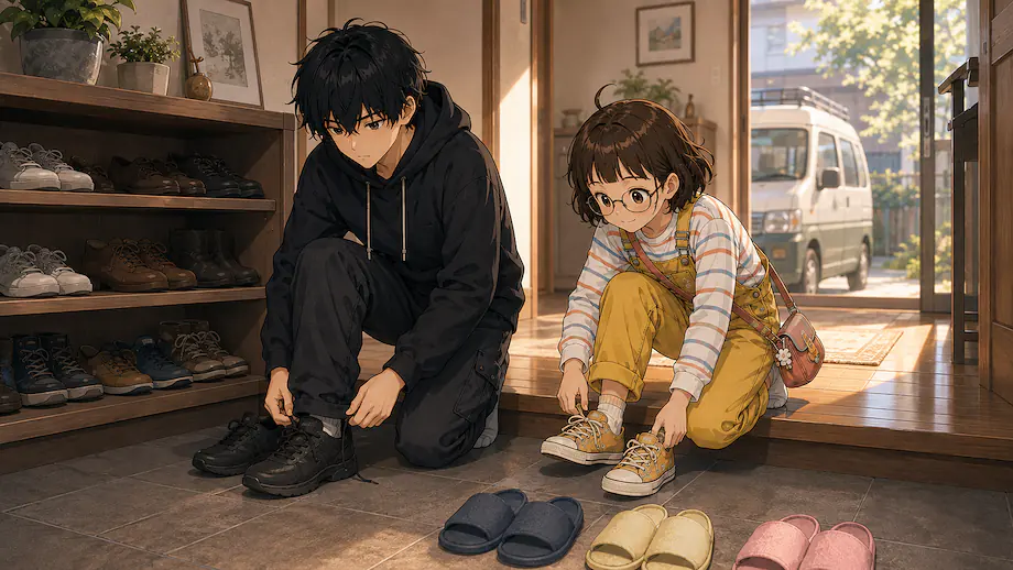 Illustration of the scene described by The rule here is to take off your shoes.