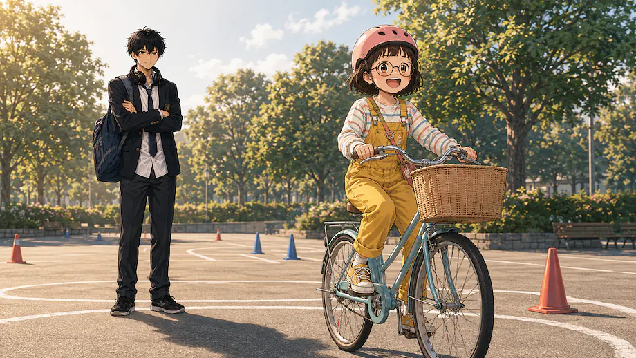 Illustration of the scene described by Mei has become able to ride a bicycle.