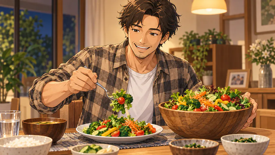 Illustration of the scene described by My father makes a point of eating plenty of vegetables.